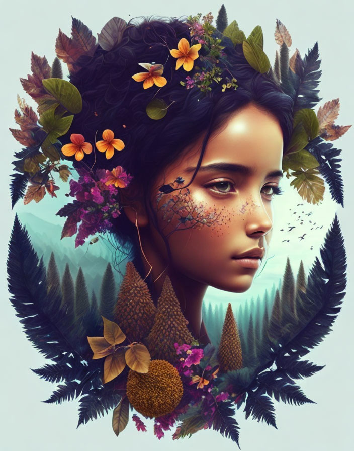 Digital artwork: Woman's profile with nature-themed hairdo