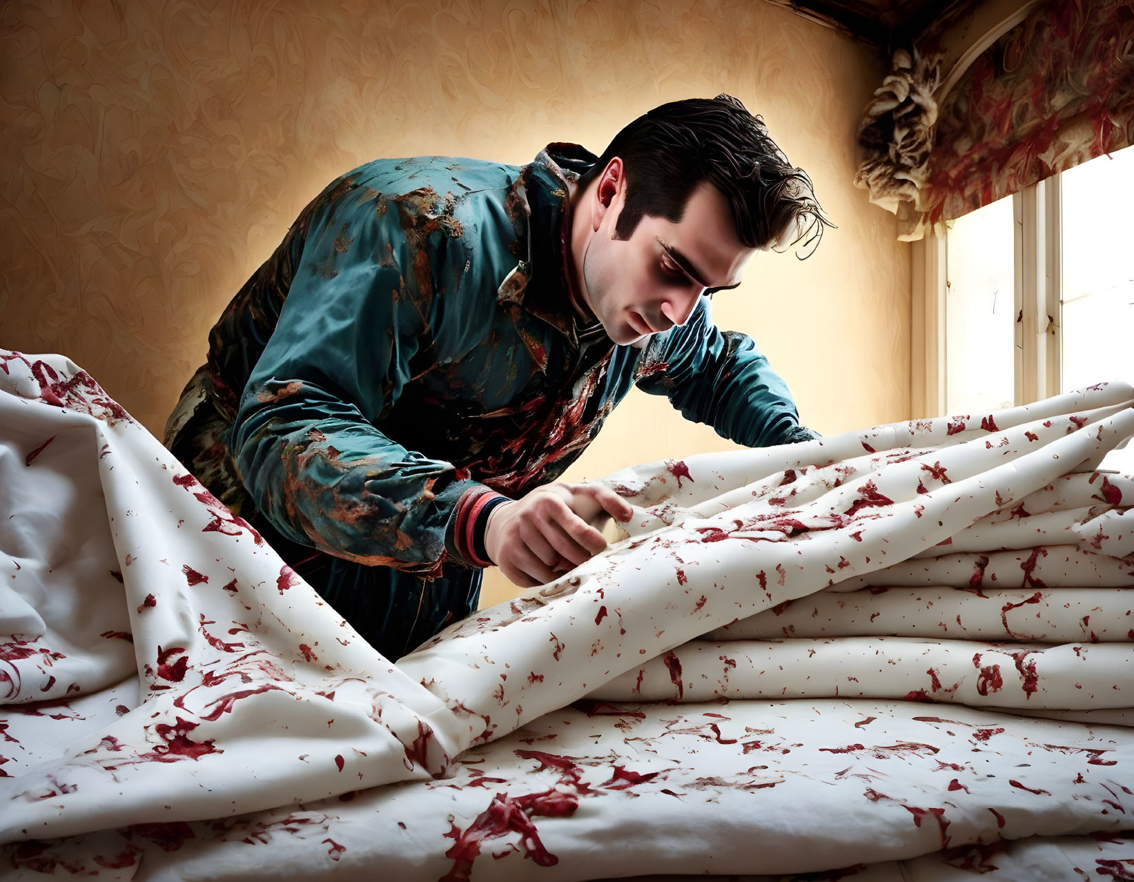 Man cutting fabric with red splatters on table and window in background