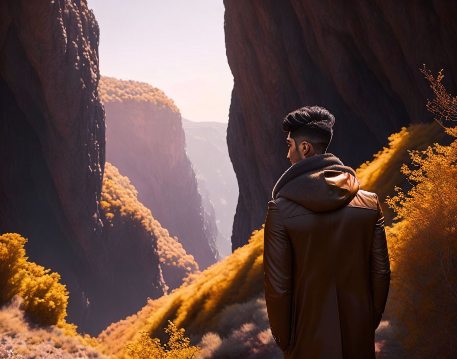 Stylish man in leather jacket gazes at autumn canyon