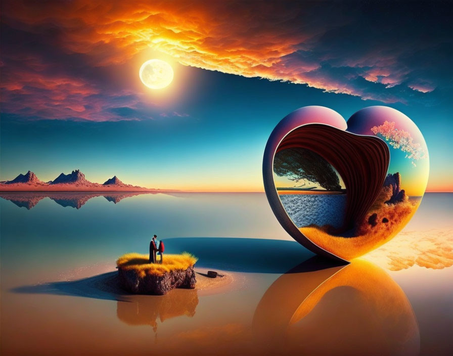 Surreal landscape with couple on islet under vivid sunset and heart-shaped portal.