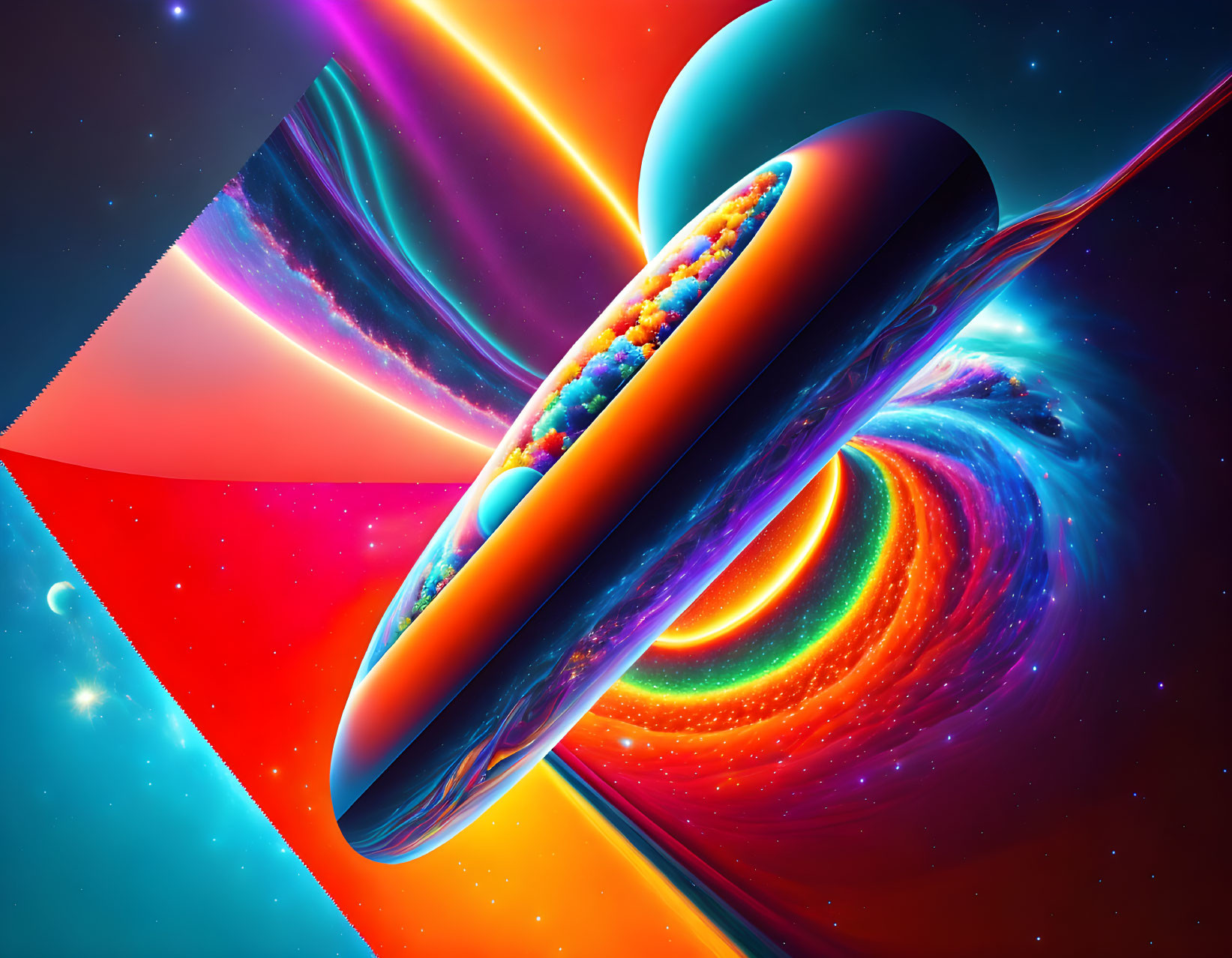 Abstract cosmic digital art with swirling patterns and bright colors