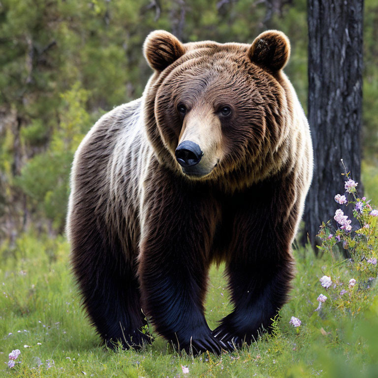 Brown bear in forest clearing with green trees and pink flowers