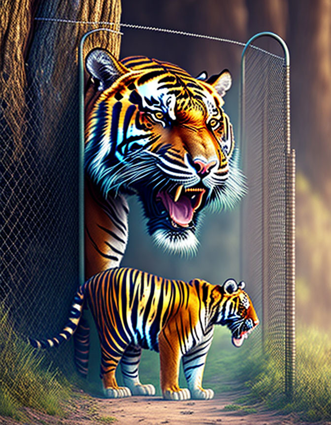 Surreal tiger walking out of picture frame with superimposed snarling head