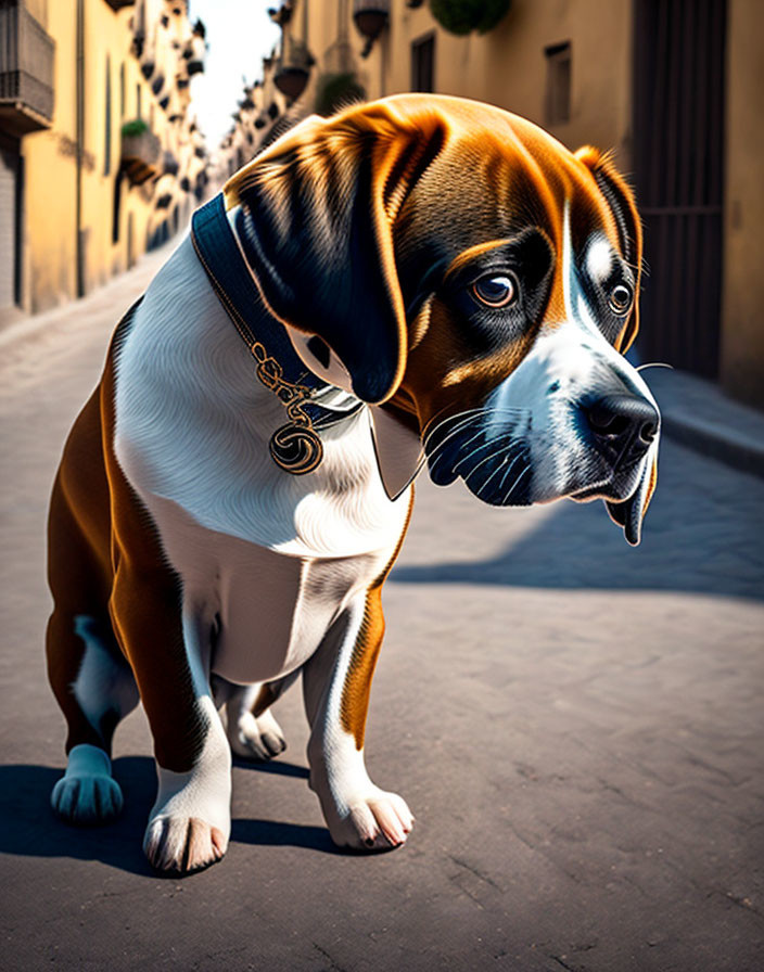 Digitally altered image: oversized dog head on small body in sunlit street