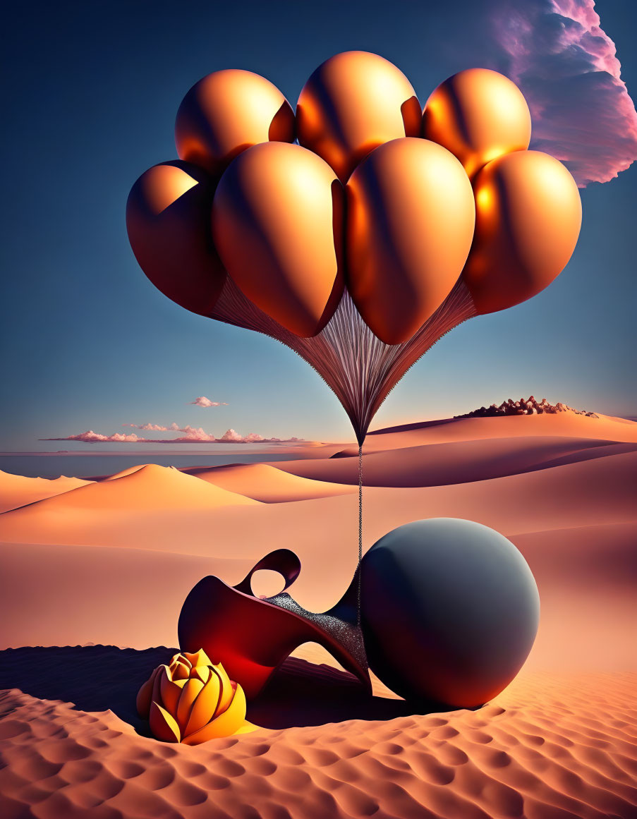 Surreal landscape with heart-shaped balloons, rose, black sphere, and ribbon sculpture