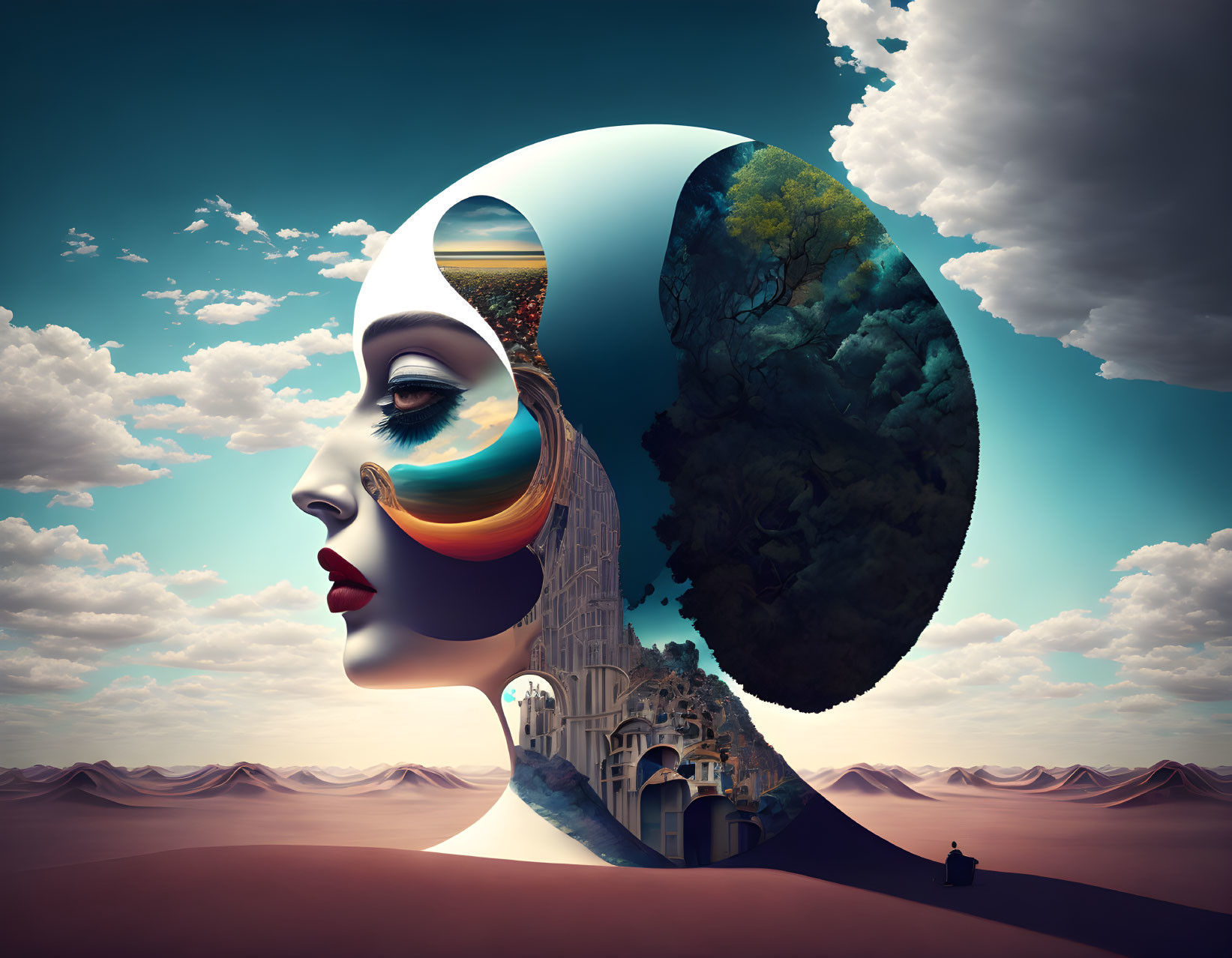 Surreal image of woman's profile with landscape and architecture inside her head