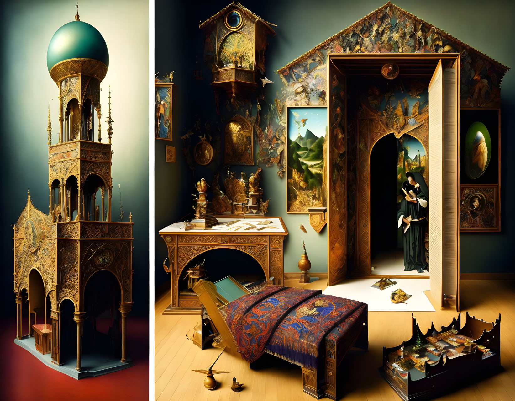 Intricate Arabian-inspired fantasy structures and furniture with mysterious painting of a couple