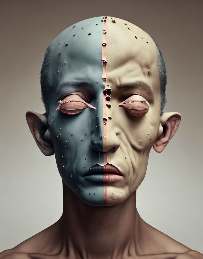 Surreal humanoid face with zipper, stitched eyes, and dotted skin detail