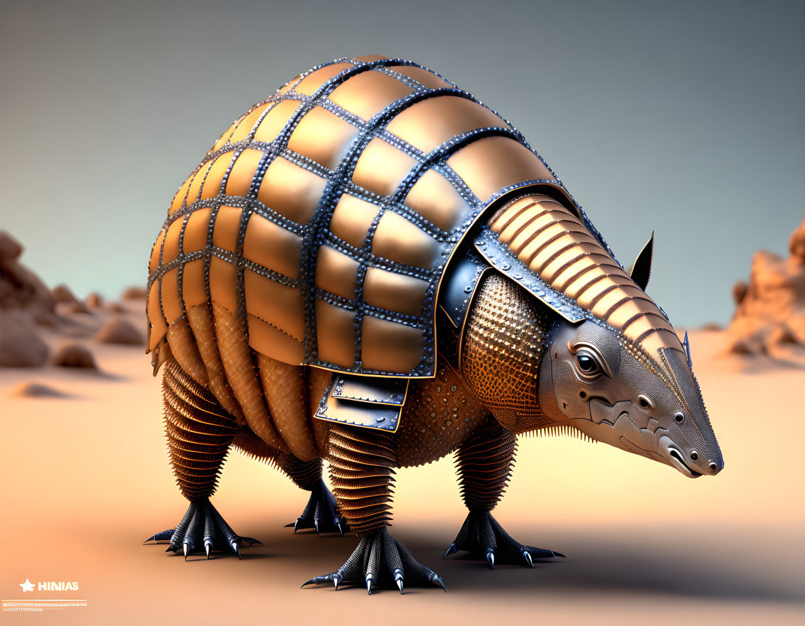 Metal-plated mechanical armadillo in desert setting