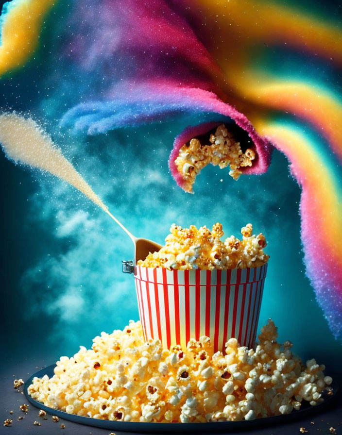 Colorful cosmic nebula backdrop with exploding popcorn in striped container