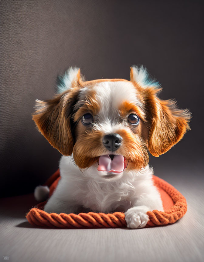 Adorable tricolor puppy on knitted blanket with floppy ears