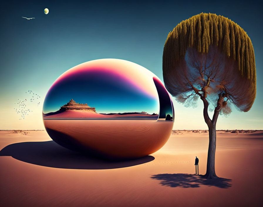 Surreal landscape with reflective sphere, tree, person, bird, pastel sky, crescent