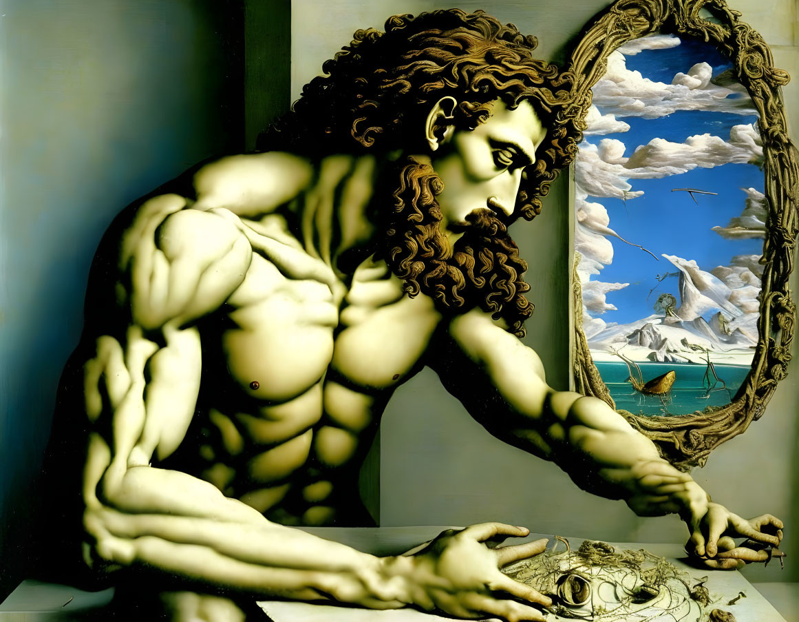 Muscular man with flowing hair reaches for skull in surrealistic artwork