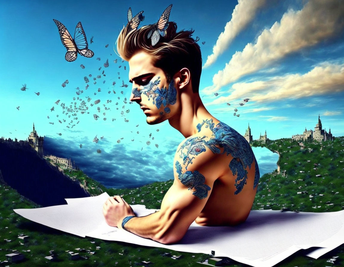 Man with tattoos writing on paper surrounded by butterflies in surreal setting