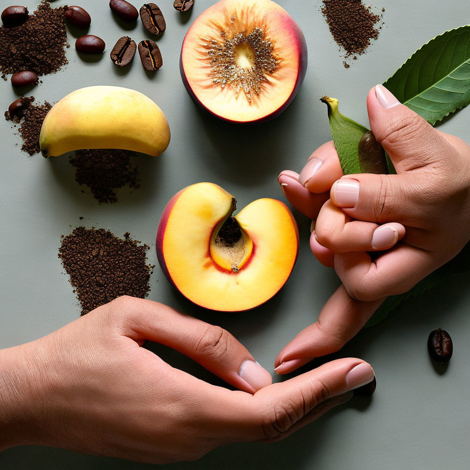 Fresh fruit arrangement on brown surface with sliced peach, banana, kiwi, and coffee beans.