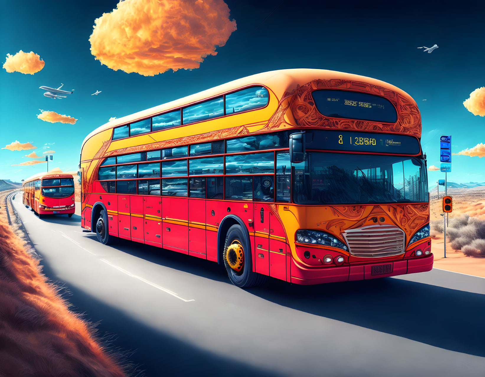 Colorful double-decker buses on desert highway under blue sky