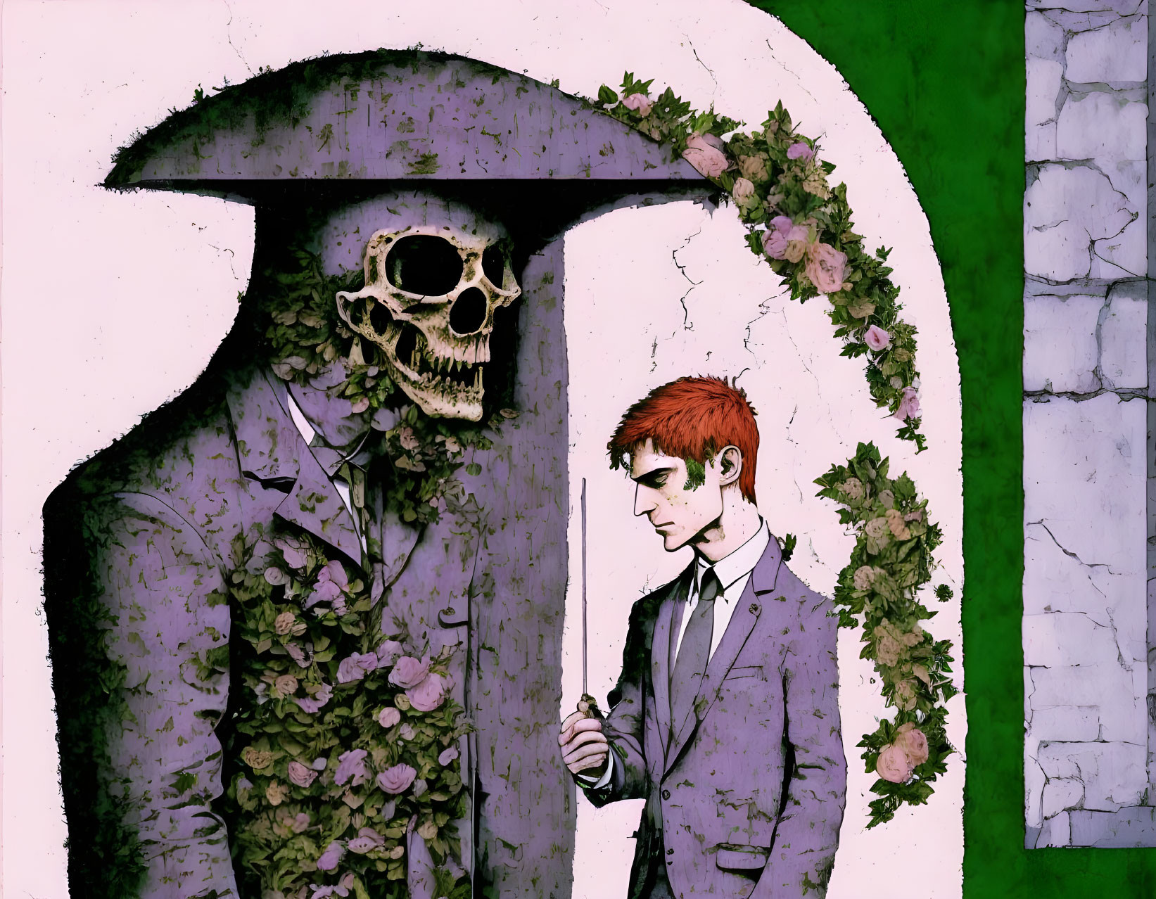 Illustration of person in suit with skeletal figure and vines on green backdrop