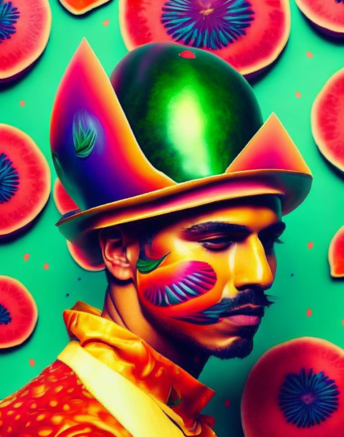 Vibrant portrait of a man with artistic makeup and fruit helmet on teal background