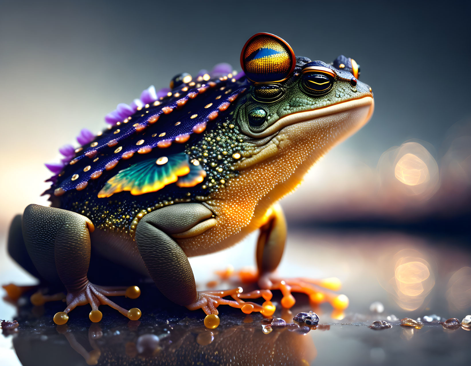 Colorful digital art featuring a stylized frog with intricate patterns and a steampunk goggle