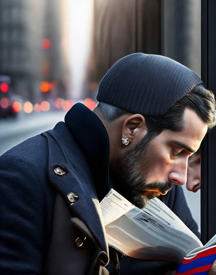 Man in beanie and coat reading book on city bus with earbuds