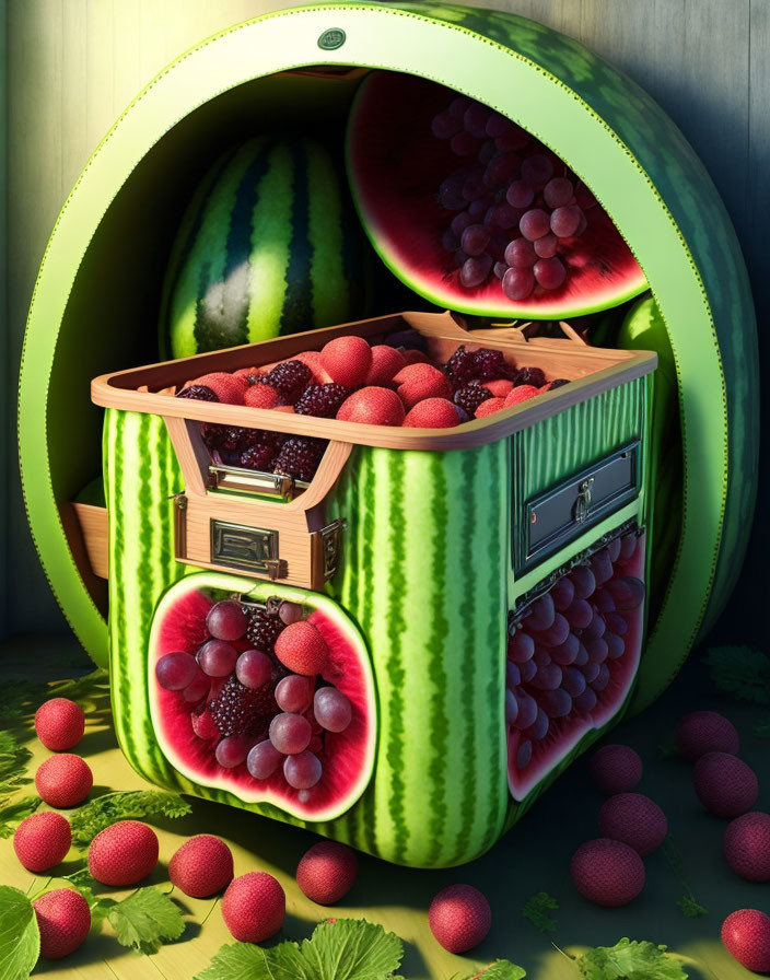 Surreal image: watermelon safe with red grapes and strawberries in oversized melon