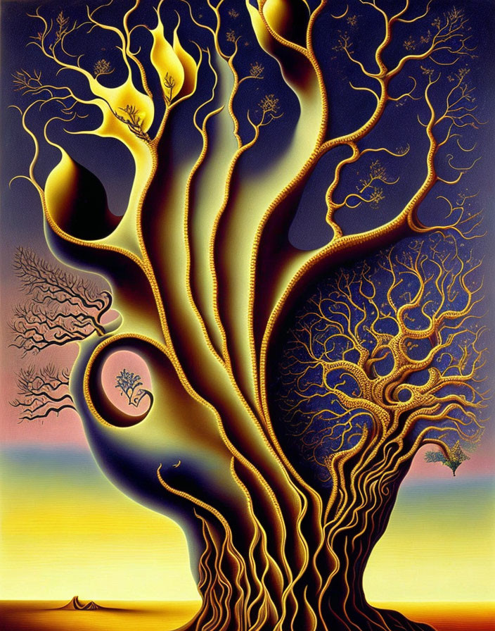 Surreal painting: Golden tree with recursive smaller trees in twilight sky