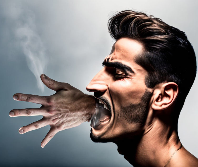 Intense man with surreal hand coming out of mouth