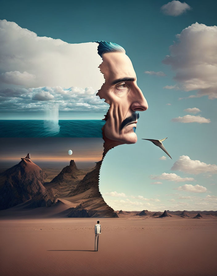 Surreal landscape: man's profile cliffs, floating gull, figure with suitcase