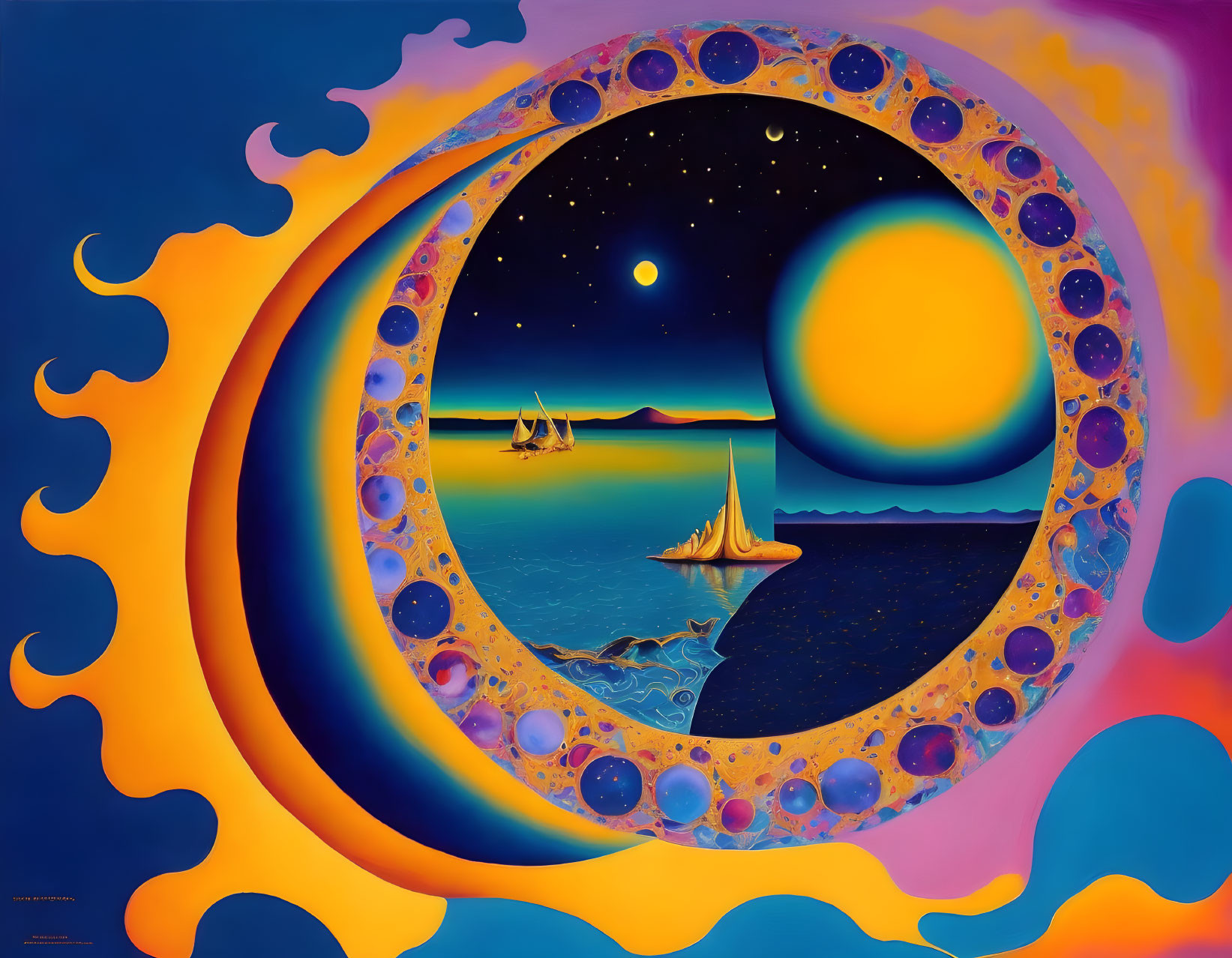 Surrealist circular frame seascape with sailing ships and vibrant colors