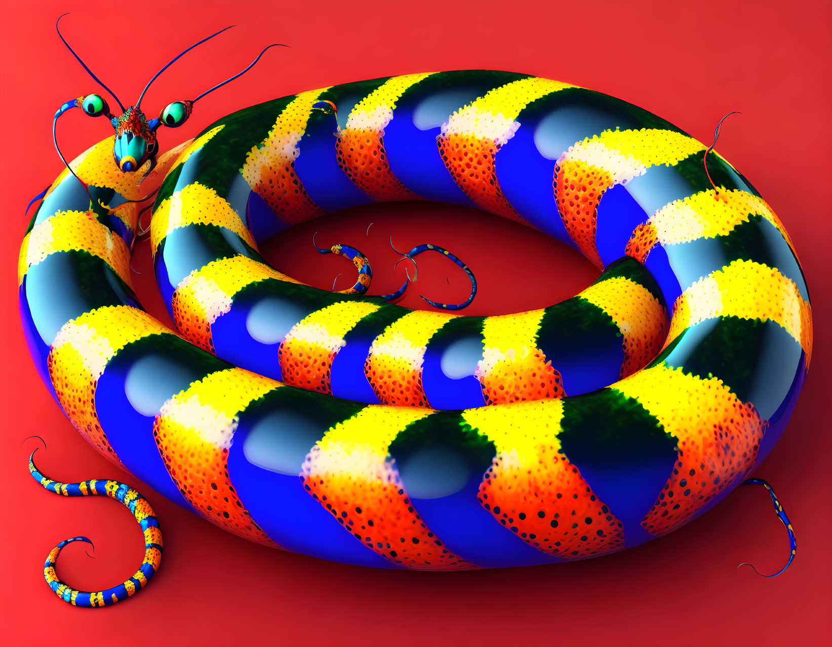 Colorful Surreal Caterpillar on Red Background with Whimsical Charm