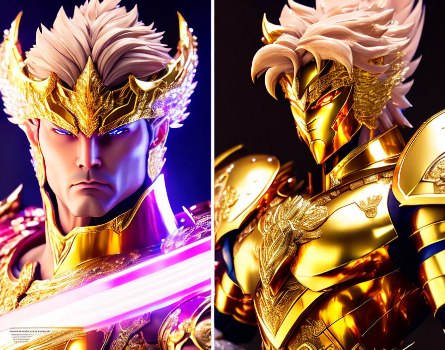 Close-Up Shots of Figurine in Golden Armor with Glowing Sword