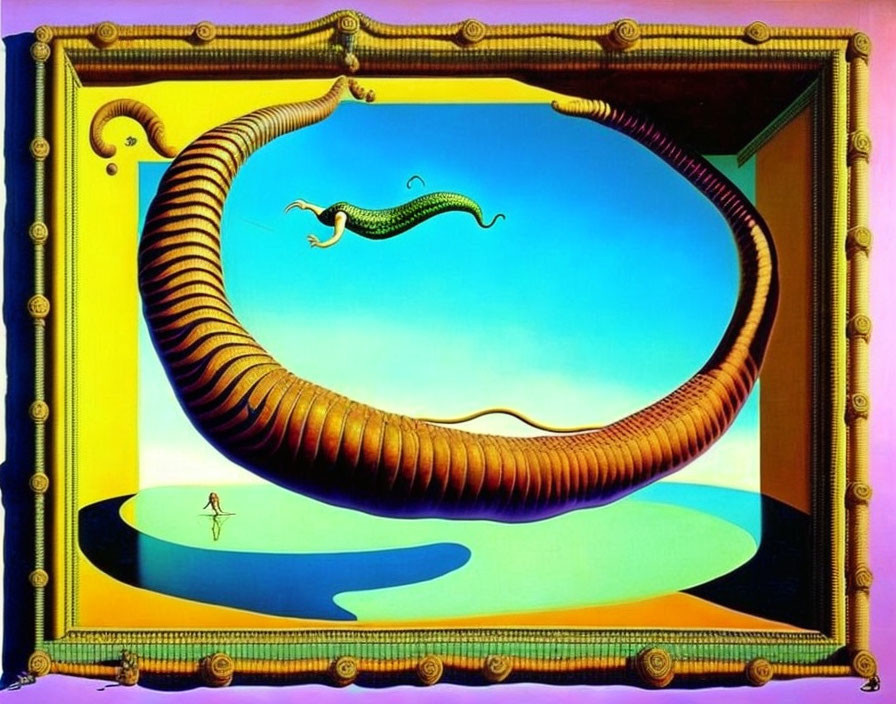 Surreal artwork: Giant millipede, human figure, and flying snake in fantastical landscape