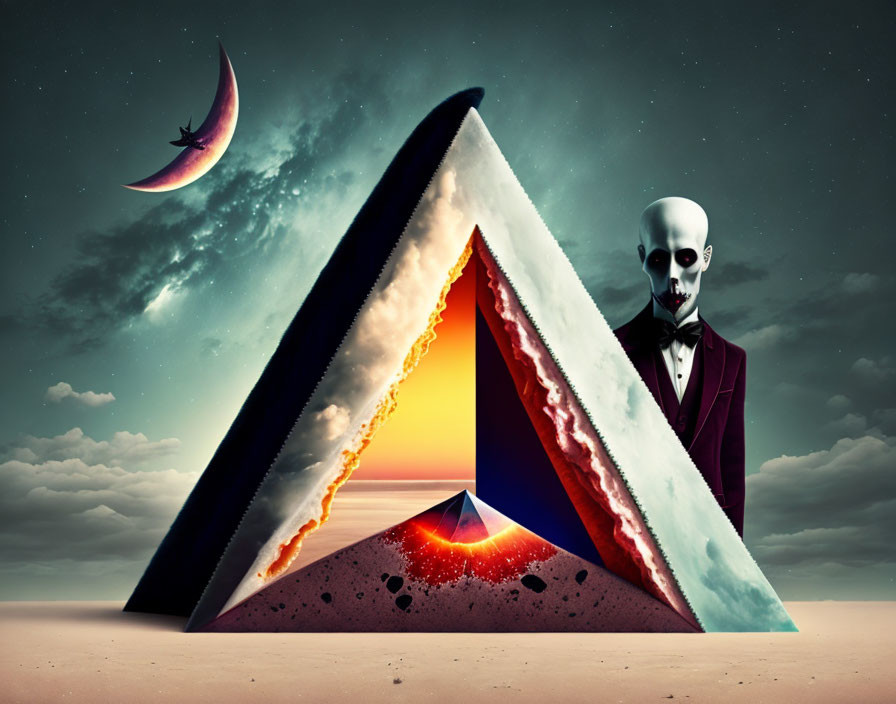 Figure in suit and skull mask by pyramid portal at sunset ocean under crescent moon