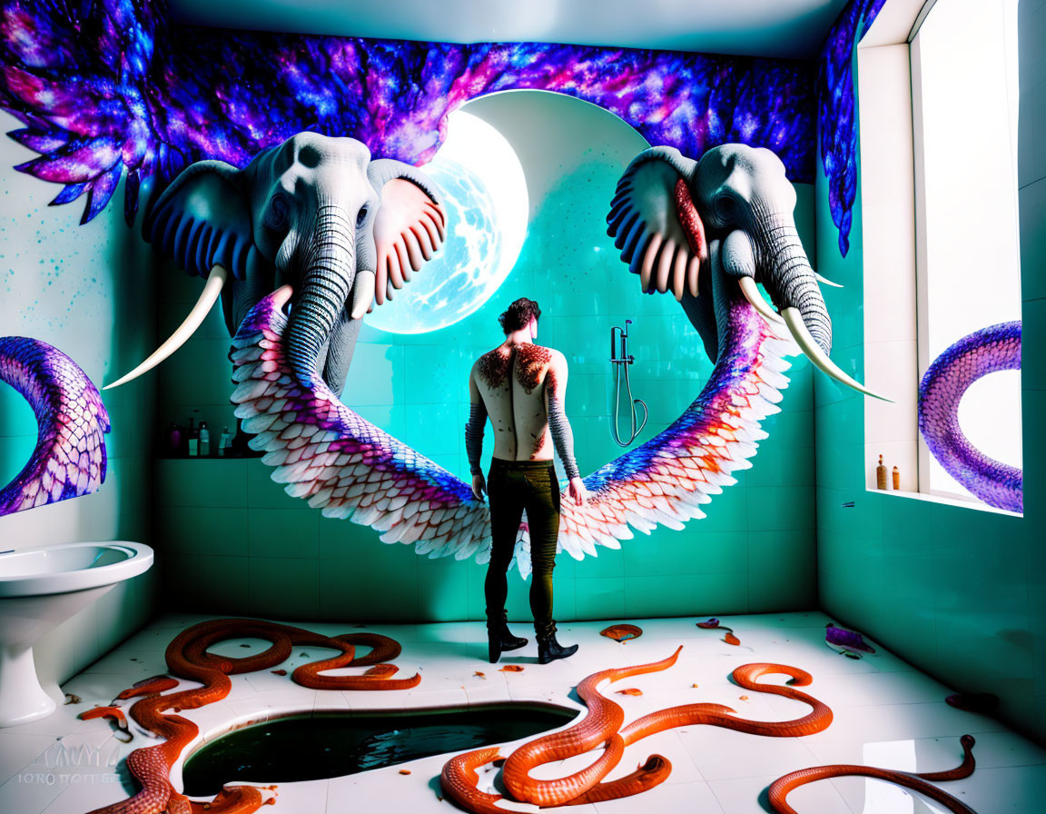 Surreal bathroom with winged elephants and snake-like shapes, man observing