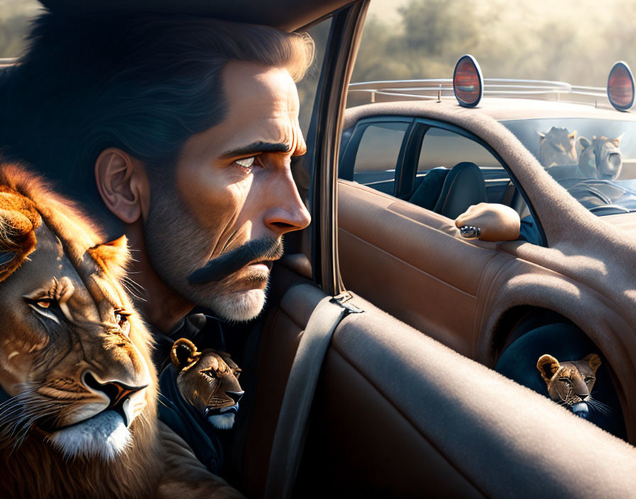 Man with mustache drives car with lions in backseat in warm, sunlit scene