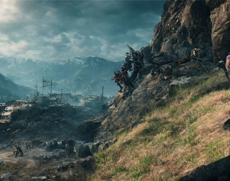 People in combat gear on rocky slope above war-torn valley