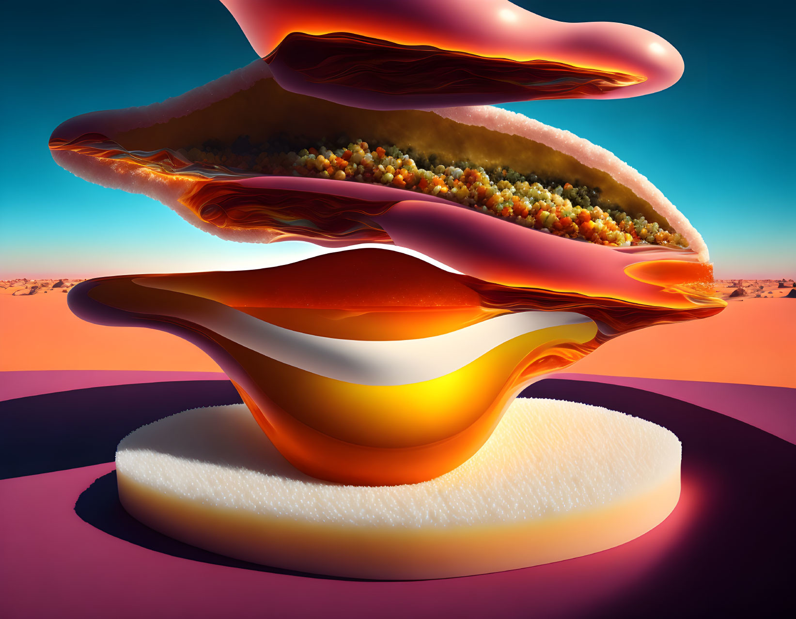 Vivid surreal artwork: layered oyster forms on circular base in gradient sky