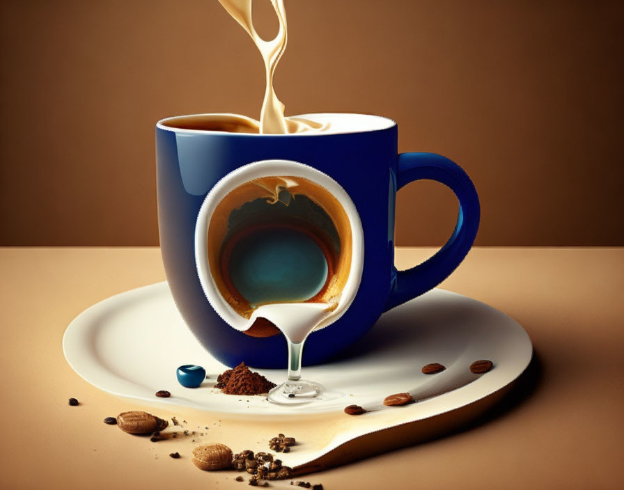 Blue coffee cup with swirling liquid, beans, and chocolate on saucer