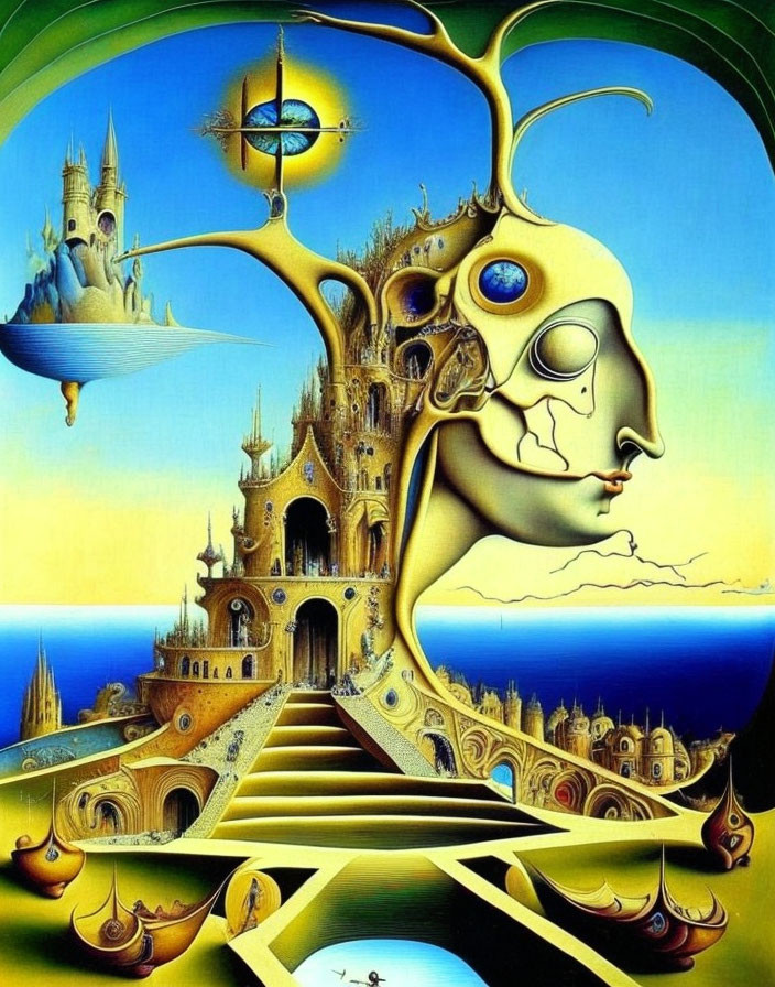 Surrealistic painting: human profile, architecture, floating islands, watery horizon, yellow sky