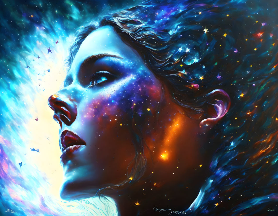 Cosmic-themed digital artwork of woman blending into starry night sky