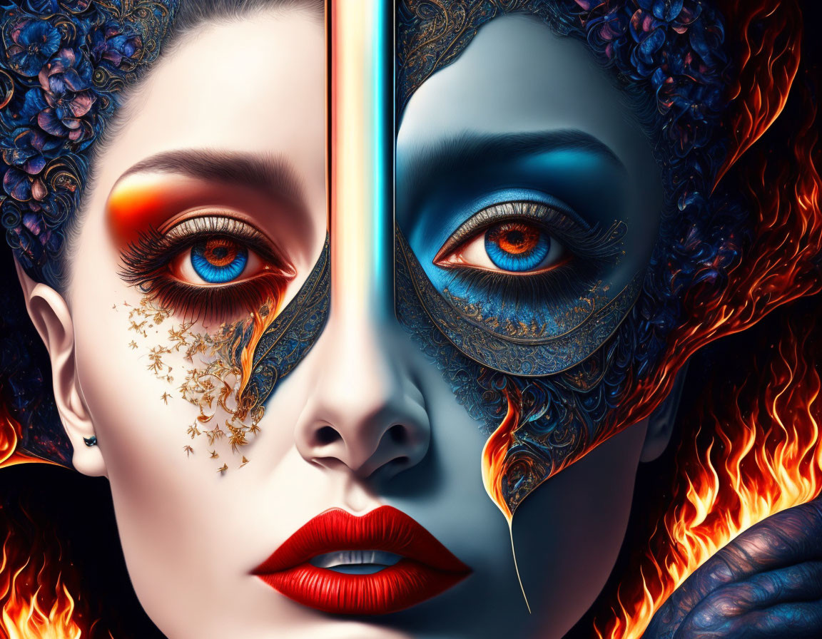 Split-face surreal portrait: vibrant fiery side meets cool blue patterned side