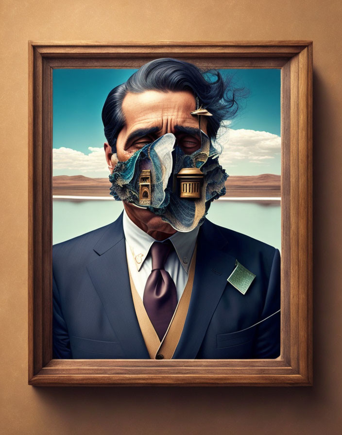 Surreal portrait: man's face becomes classical facade in desert landscape