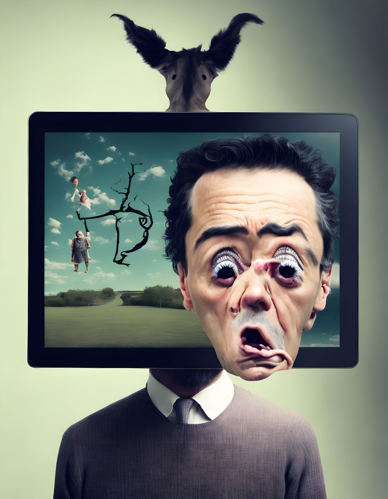 Surreal image of man with tablet head and goat ears