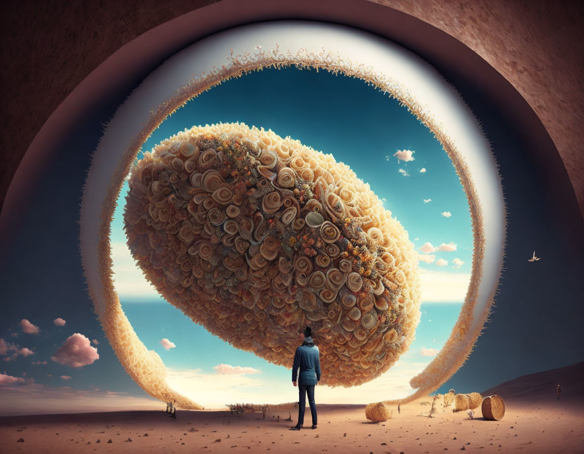 Person observing surreal oversized cell-like structure in desert with flying bird