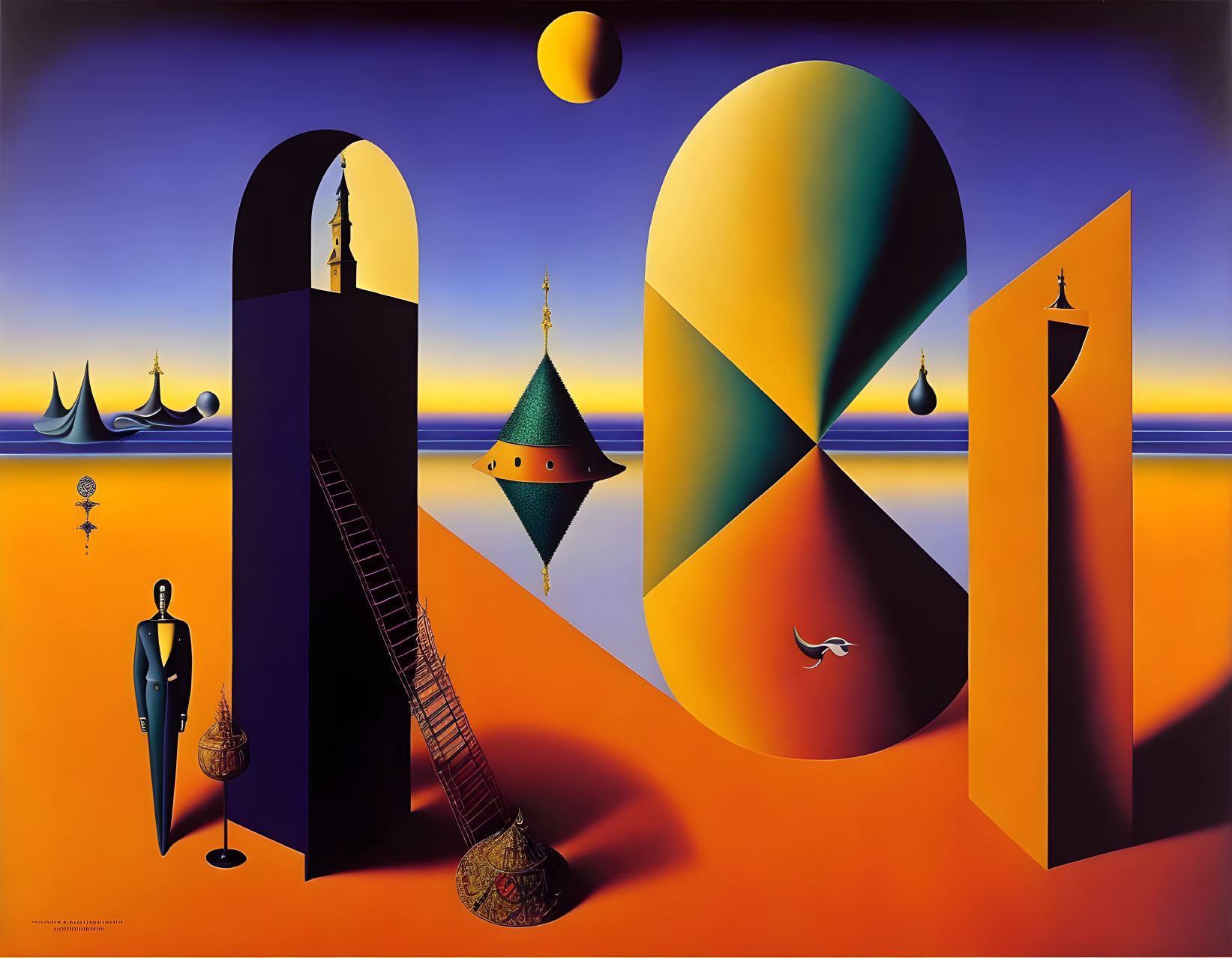 Surreal landscape with towers, geometric shapes, cone, ladder, figure, cage in orange and