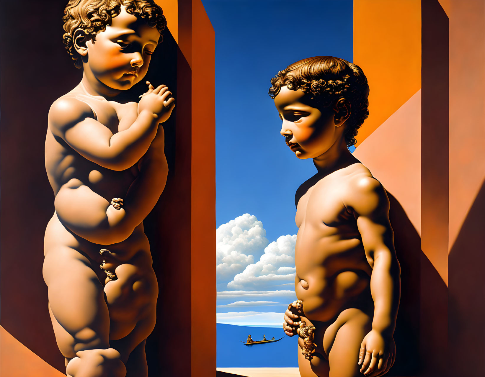 Cherubic figures in surreal setting with seascape and boat.