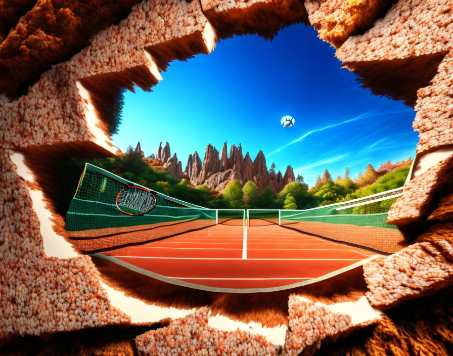 Tennis court with torn frame, racquet, floating ball, vivid sky, rock formations