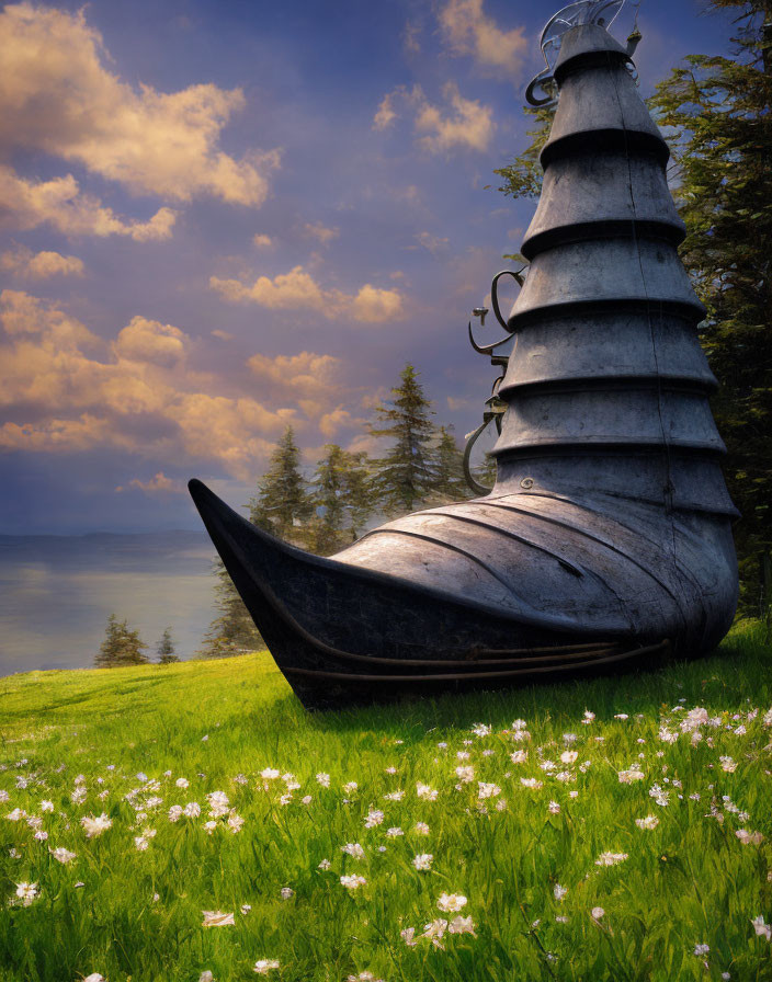 Abstract metal ship sculpture on grassy hillside overlooking calm sea