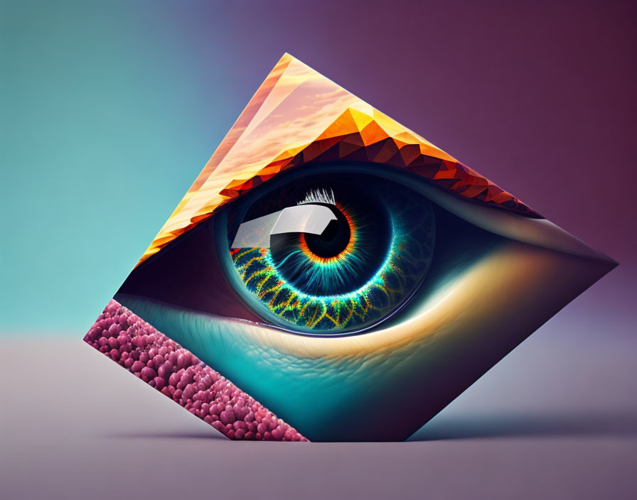 Surreal stylized eye in triangular frame with landscape elements