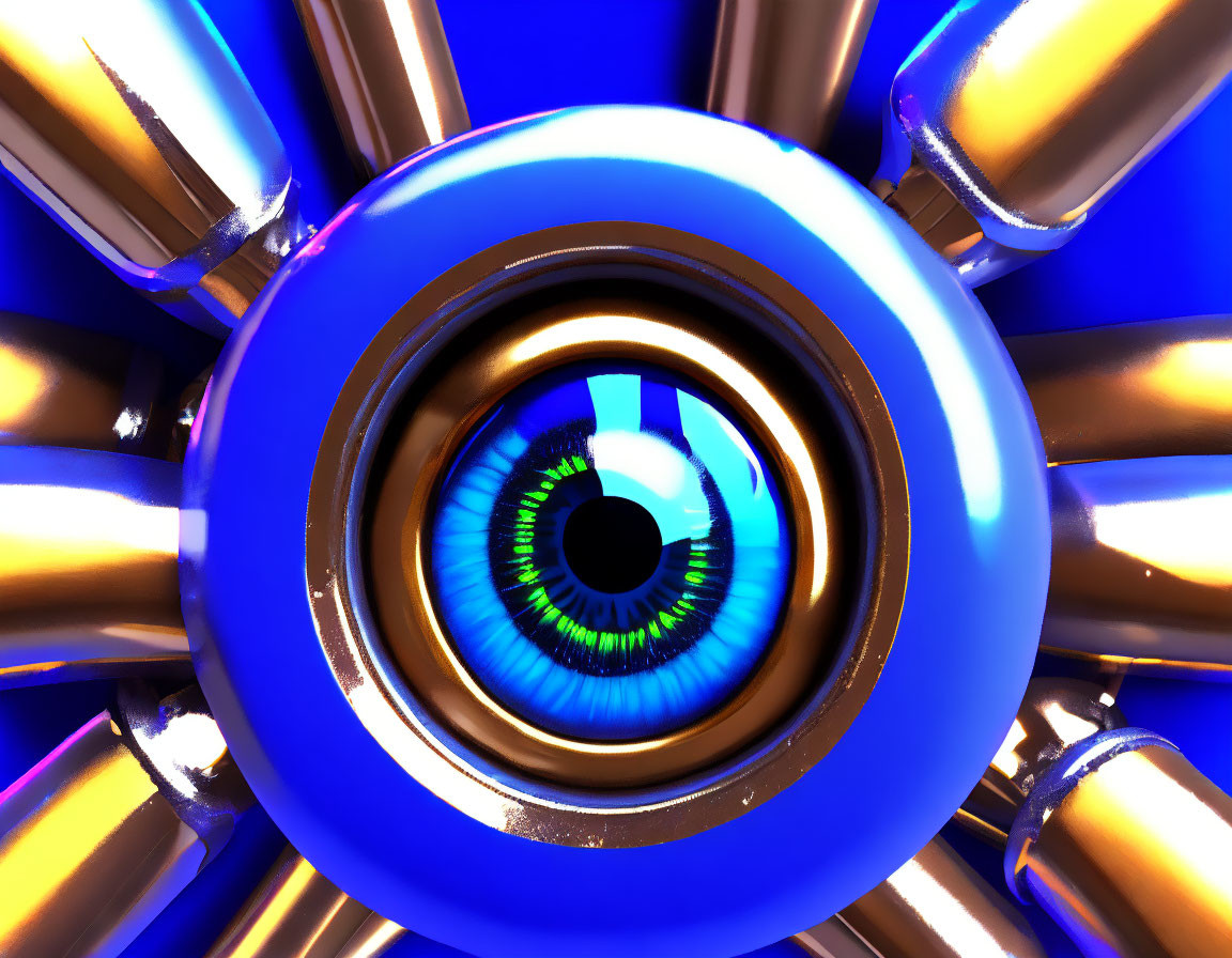 Robotic eye with golden structures on blue background